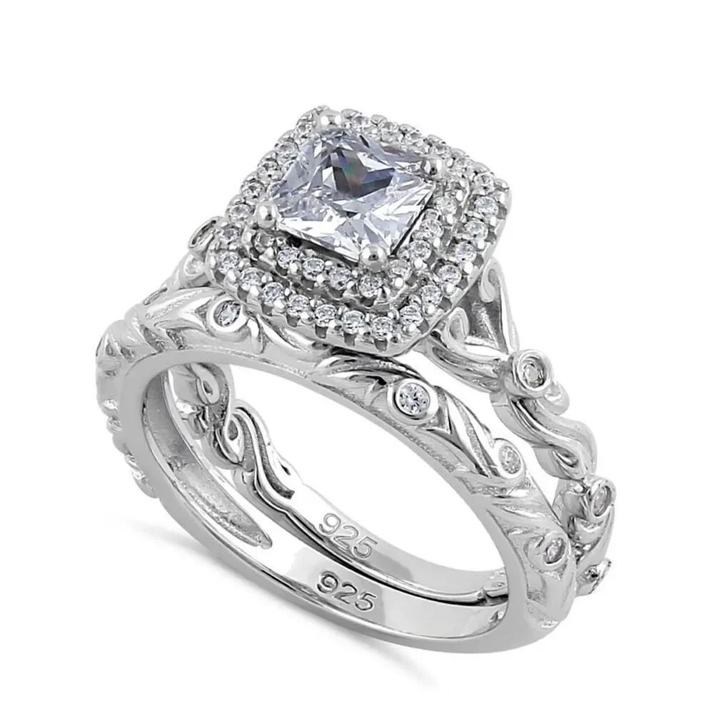 Sterling Silver Clear CZ Vintage Engagement Ring Set New